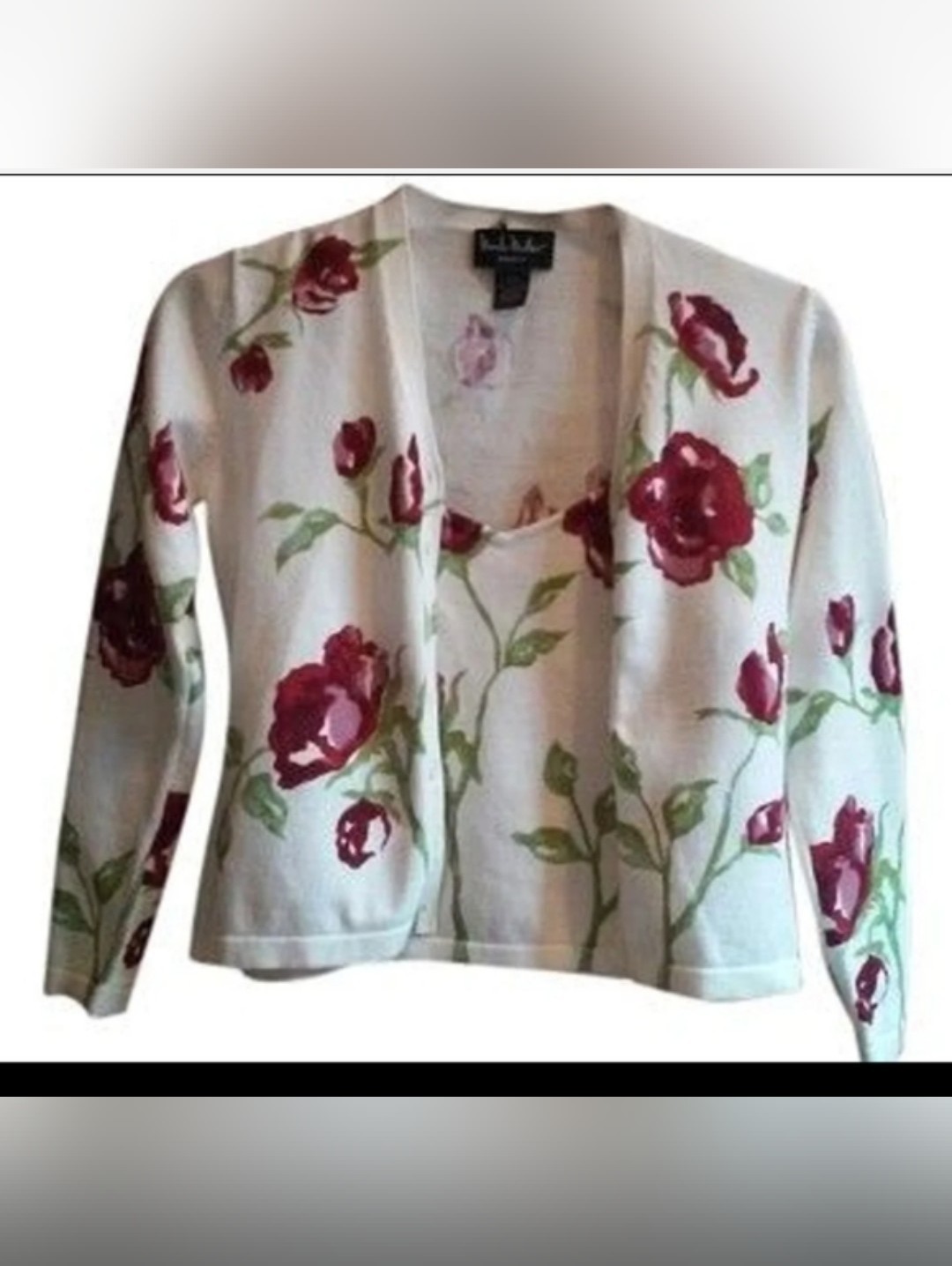 Nicole Miller $475 Floral Twin Set Knit Sweater Cami Top + Cardigan Set Sz Small